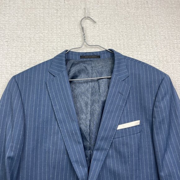 Boss Hugo Boss Jacket Mens 42 R Blue White Stripes Wool 2 Button Blazer Guabello - Picture 2 of 16